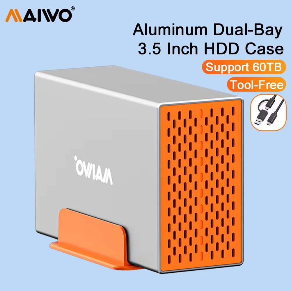 MAIWO Enclosure esterno per hard disk da 2 bay da 3,5 pollici, guscio in alluminio con dissipazione del calore, custodia esterna per HDD/SSD da 2,5/3,5 pollici.