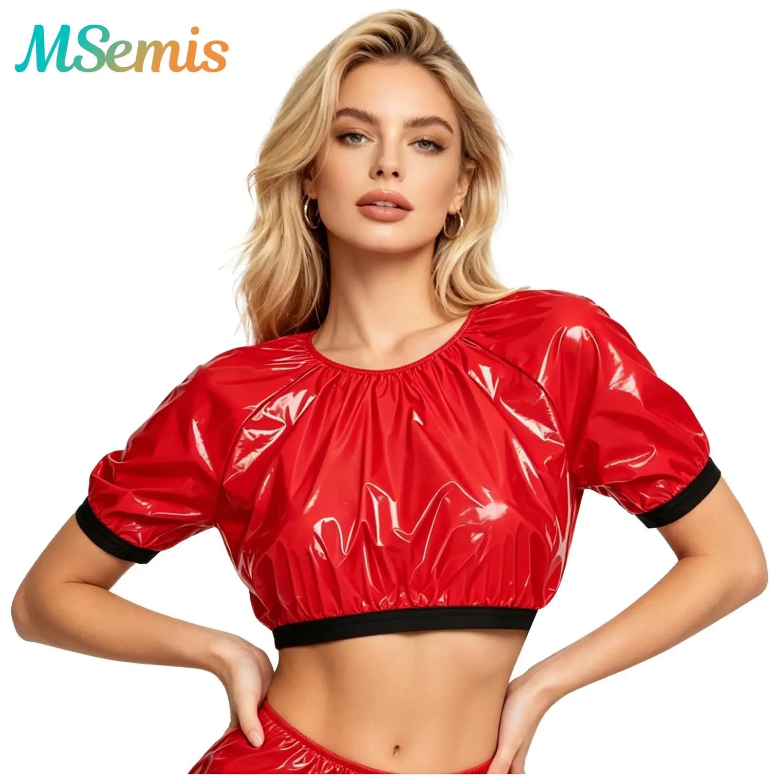 Costume da bagno da donna impermeabile lucido con top corto, maniche corte, pullover in vinile, T-shirt, abbigliamento per rave e clubwear, abbigliamento per esigenze speciali