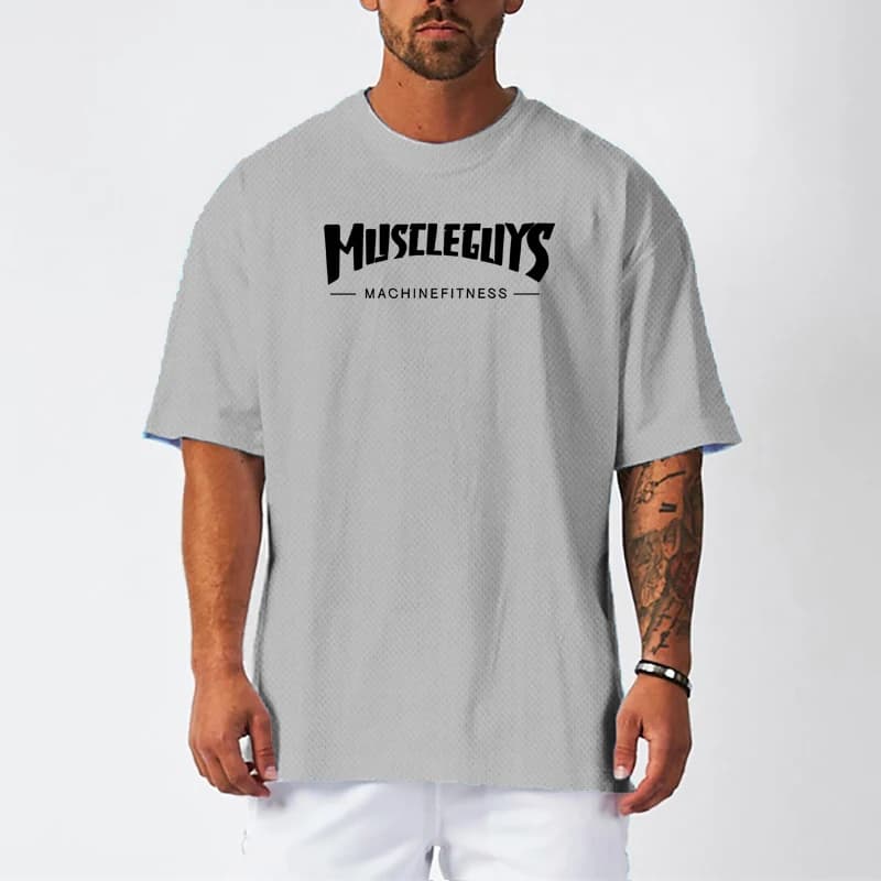 T-shirt da corsa oversize da uomo con spalle scese, casual, a mezza manica, per allenamento, estiva, in mesh, ad asciugatura rapida, per palestra e fitness