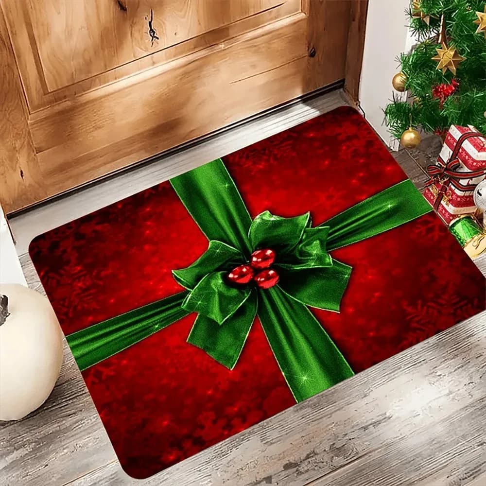 1pc Christmas Red Door Mat with Bow , Holiday Indoor and Outdoor Rear Front Door Welcome Mat Winter Door Mat.