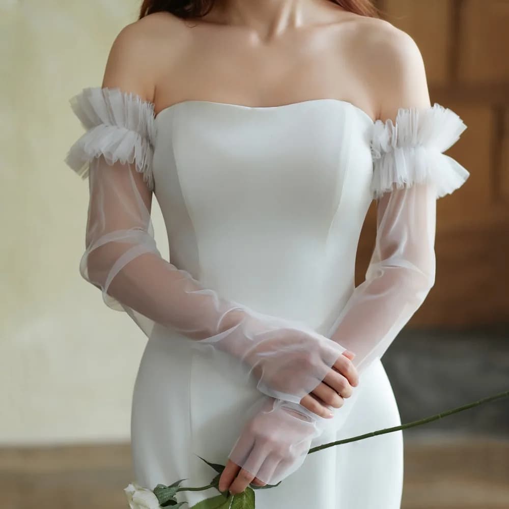 Korean Style Bridal Arm Sleeves Solid Color Yarn Wedding Long Sleeves Lightweight Gauze Pleated Lace Arm Covers Wedding