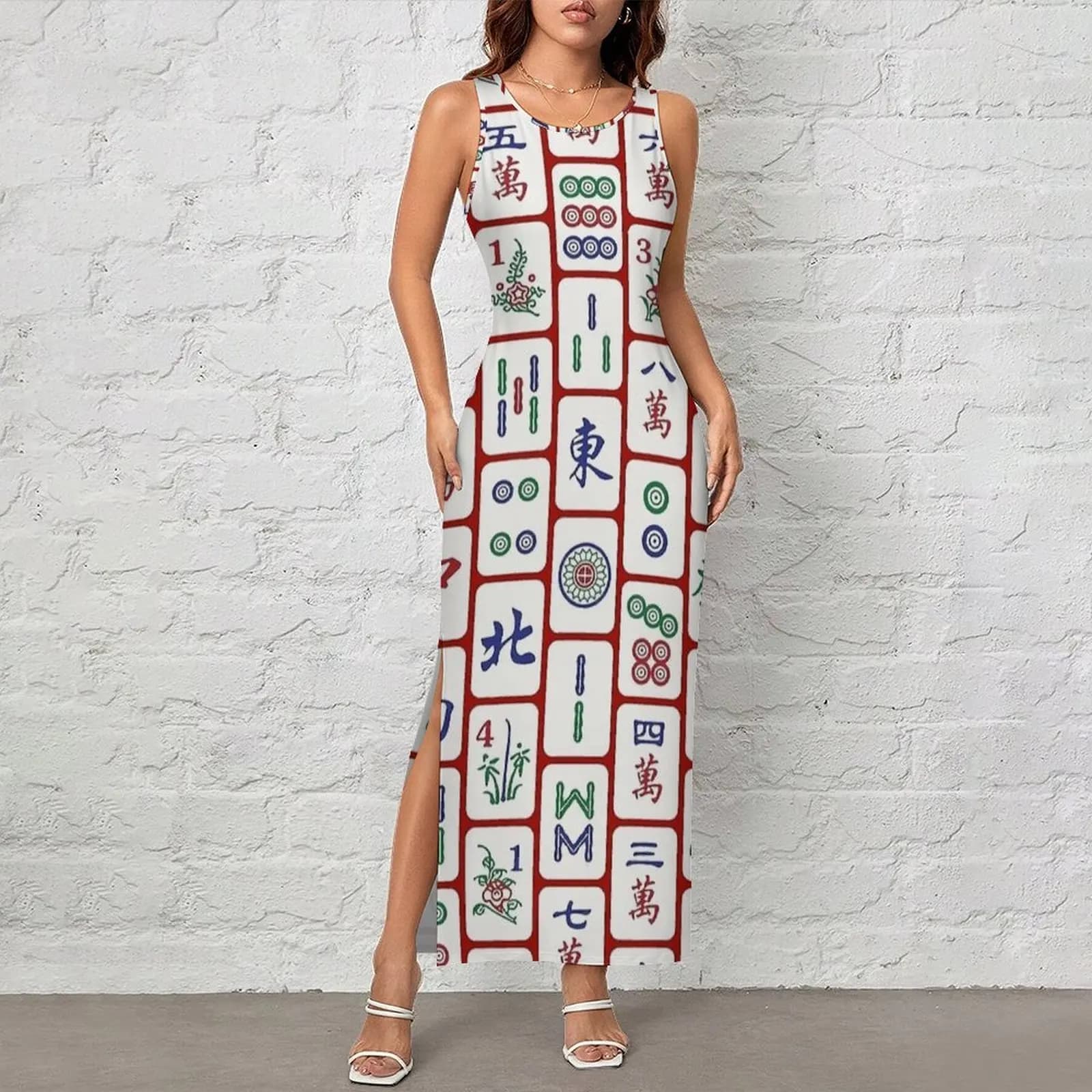 Ladies Bodycon Dress Pretty Red Grid Mahjong Tile Print Maxi Dresses Summer Sleeveless Streetwear Custom DIY Dress Big Size 4XL