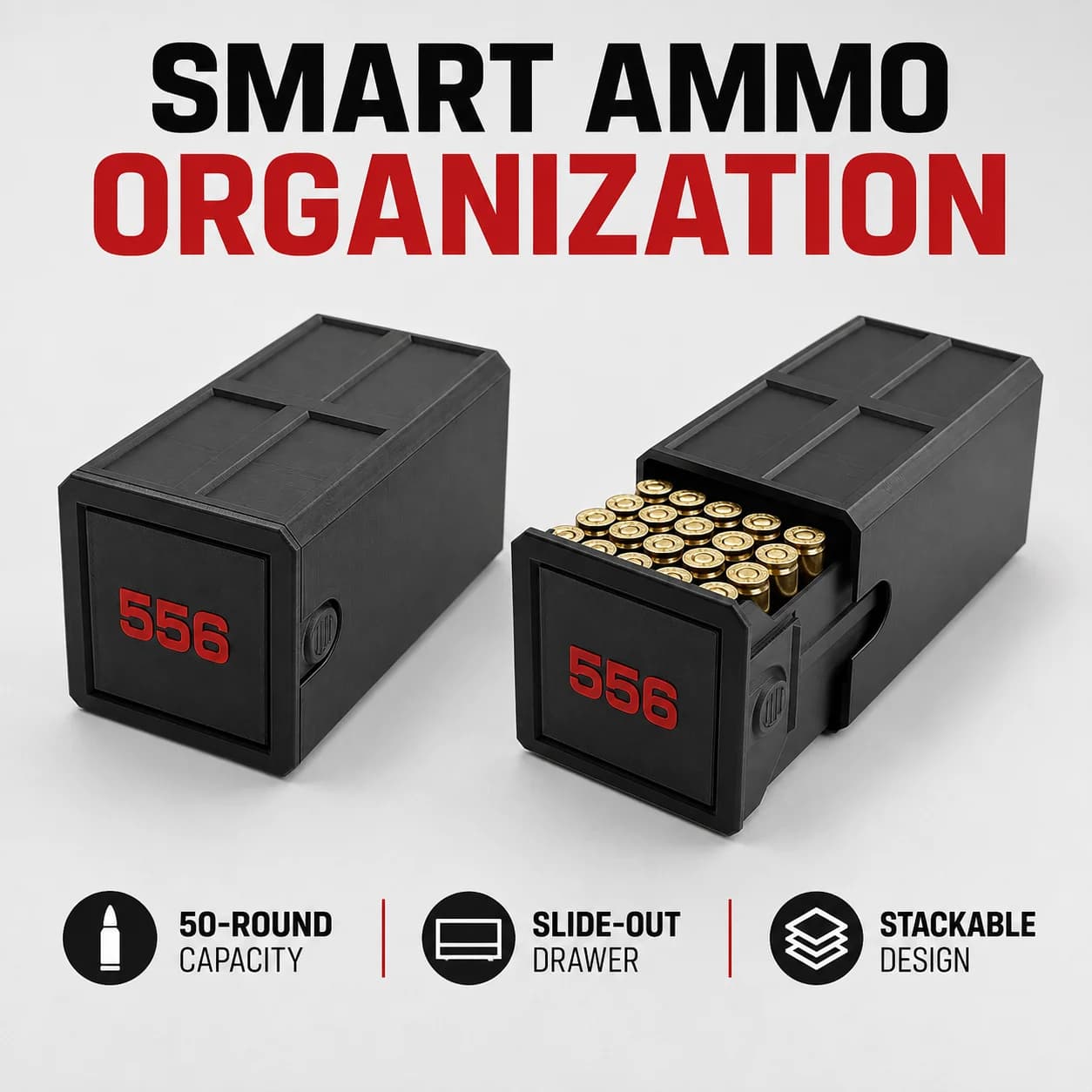 5.56 Ammunition Storage Box Bullet Box Organizer, 50-round ammo capacity, drawer design, durable stackable tactical ammo case