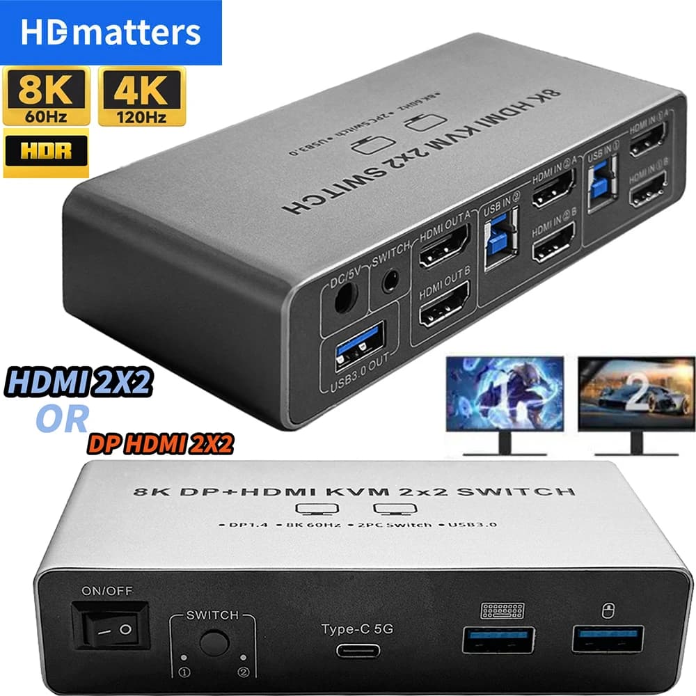 Switch KVM HDMI 2.1 8K Doppio monitor Switch KVM HDMI 2.1+HDMI 2.1 2X2 o HDMI 2.1+DisplayPort 1.4 Switch KVM Display esteso