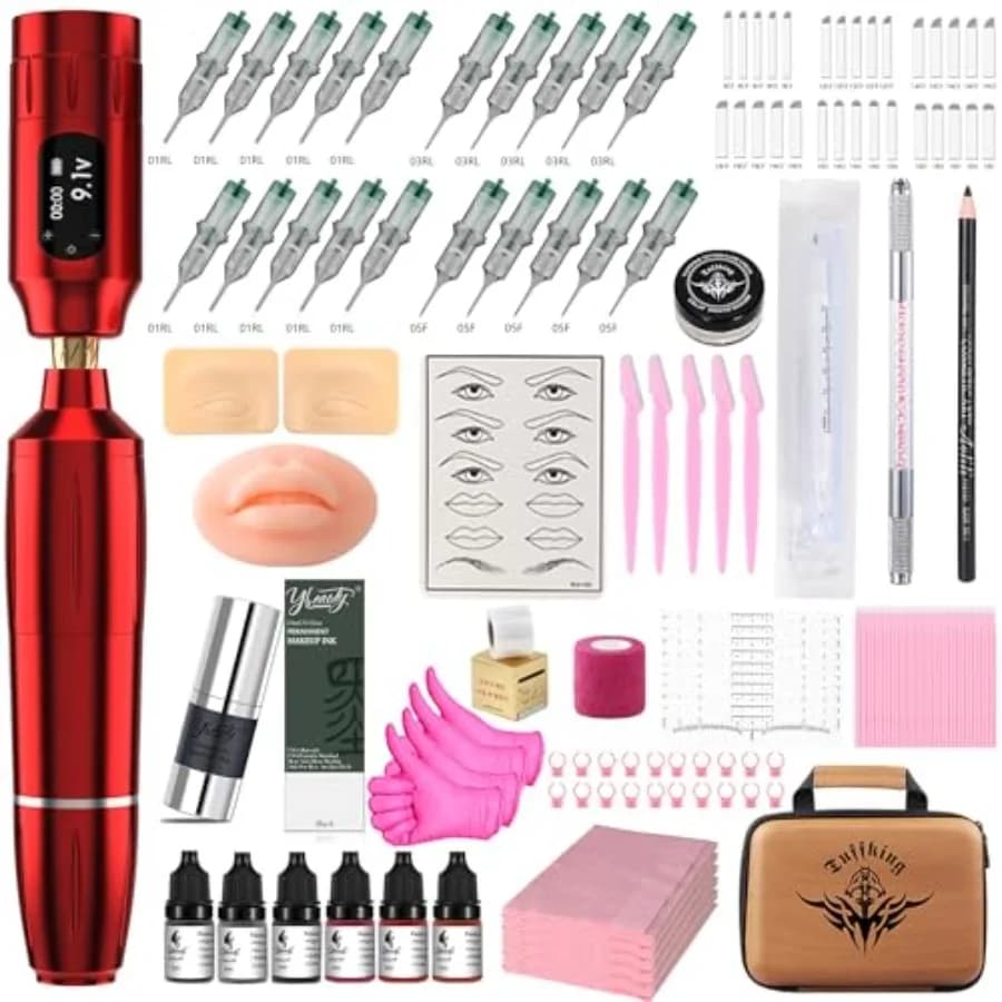 Eyebrow Microblading Tattoo Gun Kit - Red Professional Tattoo Pen Brow Pencil Set with 50Pcs Needles for Semi-Permanent Makeup