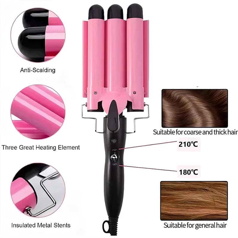 Portable salon electric hair curling iron, three-tube hair curling iron, hair styling spring with water ripple effect
