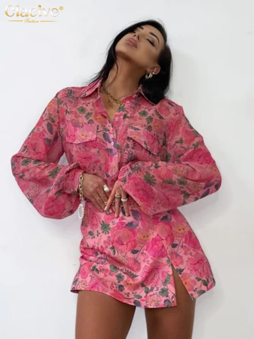 Clacive Set di gonne con stampa allentata moda per donna 2 pezzi 2024 Camicia a maniche lunghe vintage con minigonne a vita alta Set femminile