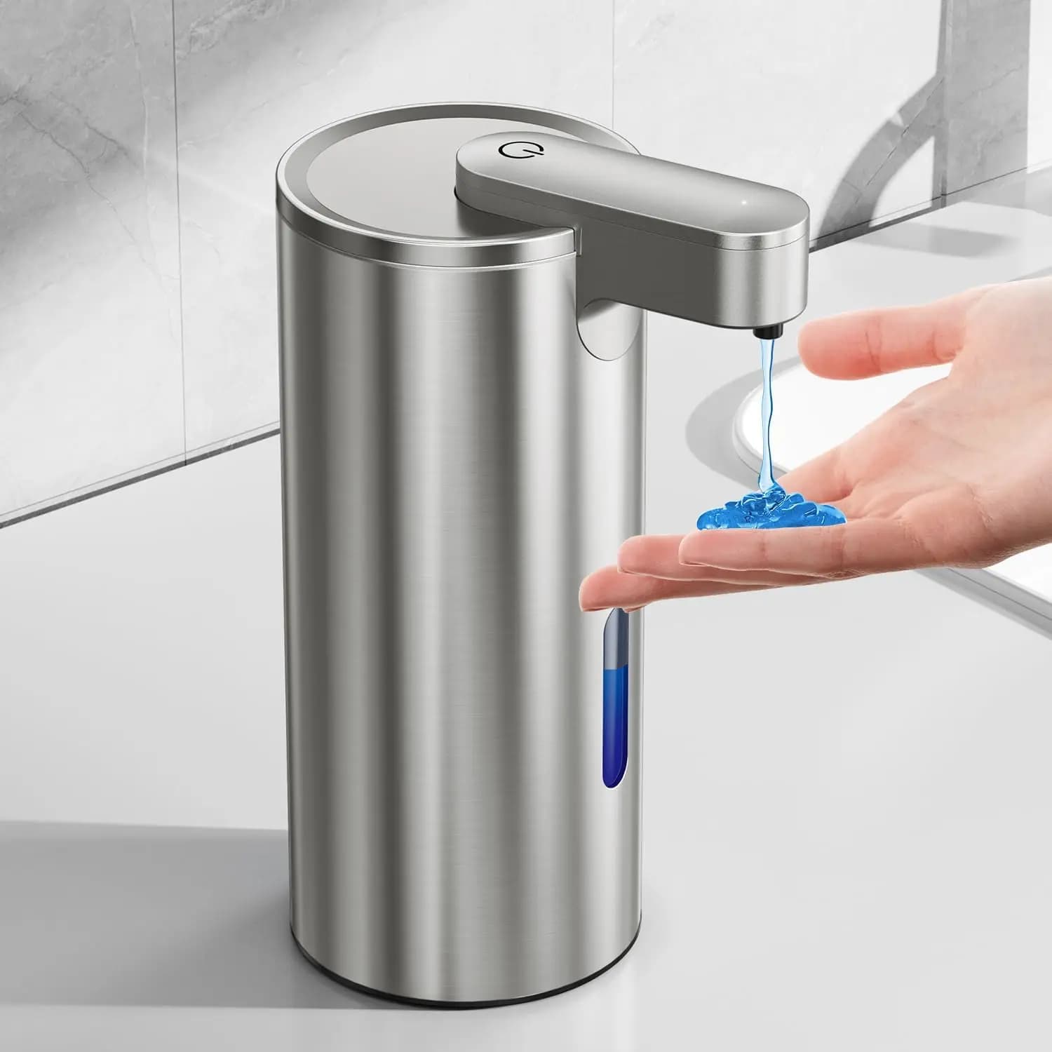 Dispenser di Sapone Senza Contatto, 340 ml, Acciaio Inossidabile, 3 Livelli Regolabili, Pompa con Sensore Ricaricabile per Cucina e Bagno
