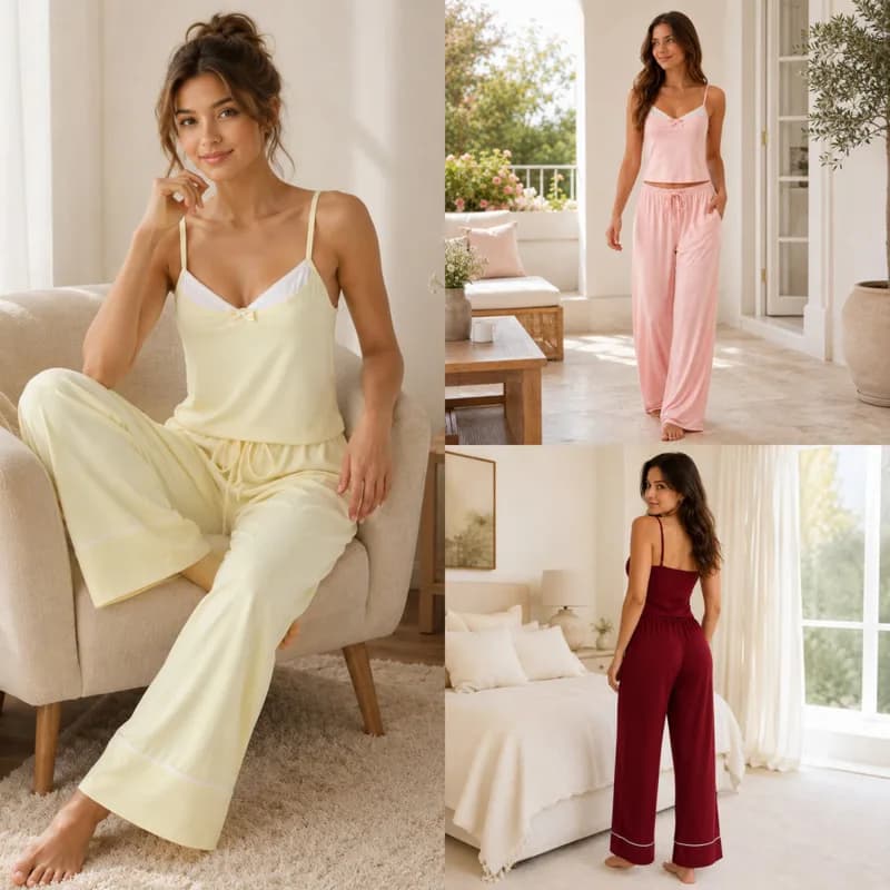 2 Piece Pajama Set Cami Top Long Pants Bow Drawstring Sleepwear Women Pink Splice Lounge Set Casual Homewear Summer Nightwear