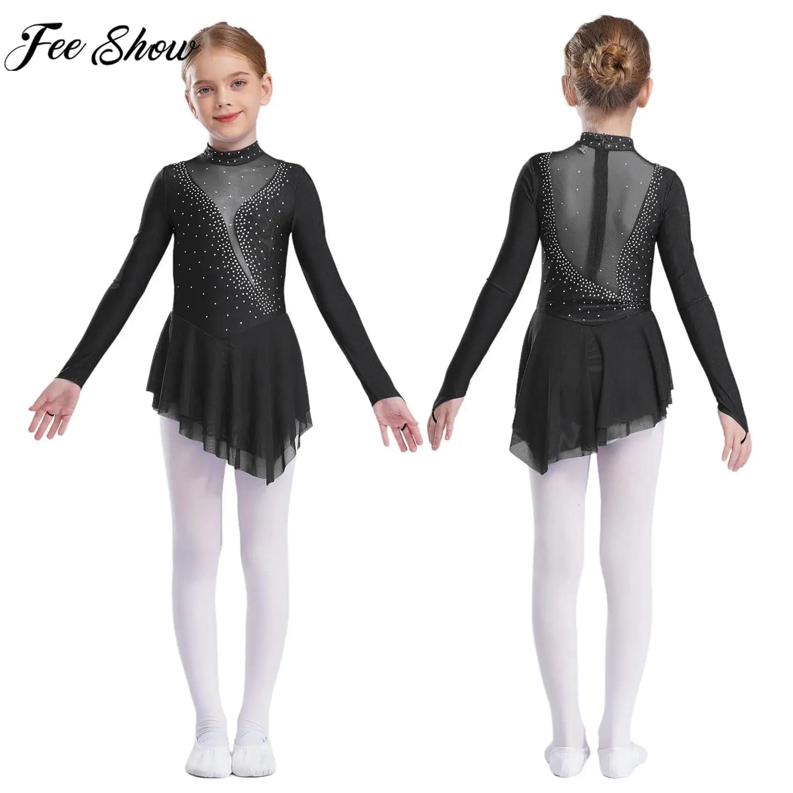 Bambini Ragazze Pattinaggio di figura Danza lirica moderna Balletto Ginnastica Costume Manica lunga Strass Abito body in rete trasparente