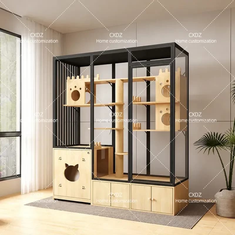 Cat villa panoramic glass luxury cat cabinet solid wood cage toilet integrated litter household indoor house