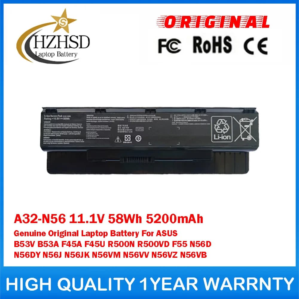 A32-N56 11.1V 58Wh 5200mAh Genuine Original Laptop Battery For ASUS B53V B53A F45A F45U R500N R500VD F55 N56VV N56DY N56JK N56VM