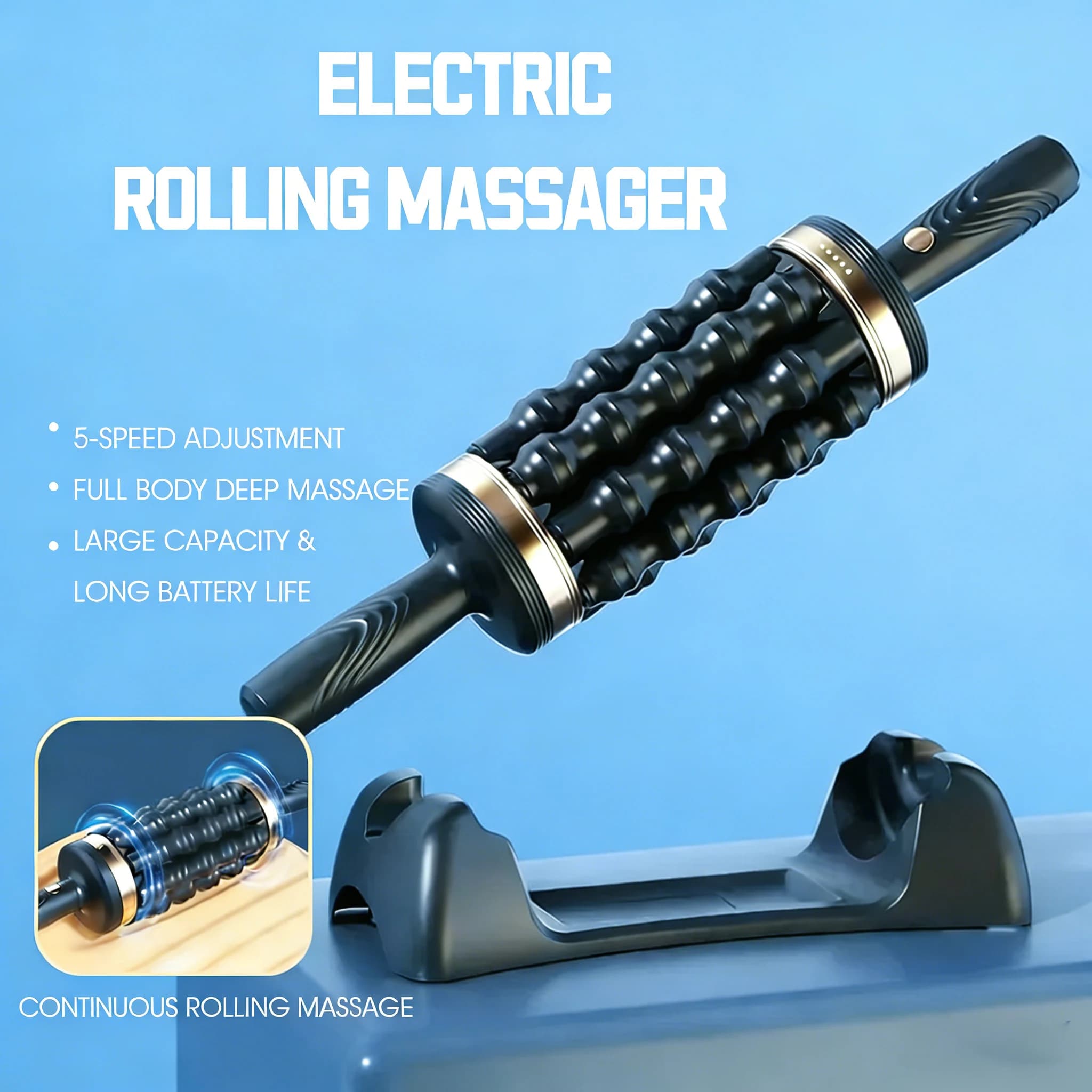 Rechargeable Rolling Massage Machine, Male Training Massager Gun, Handheld Roller with Base for Foot, Back, and Leg Muscle Pain