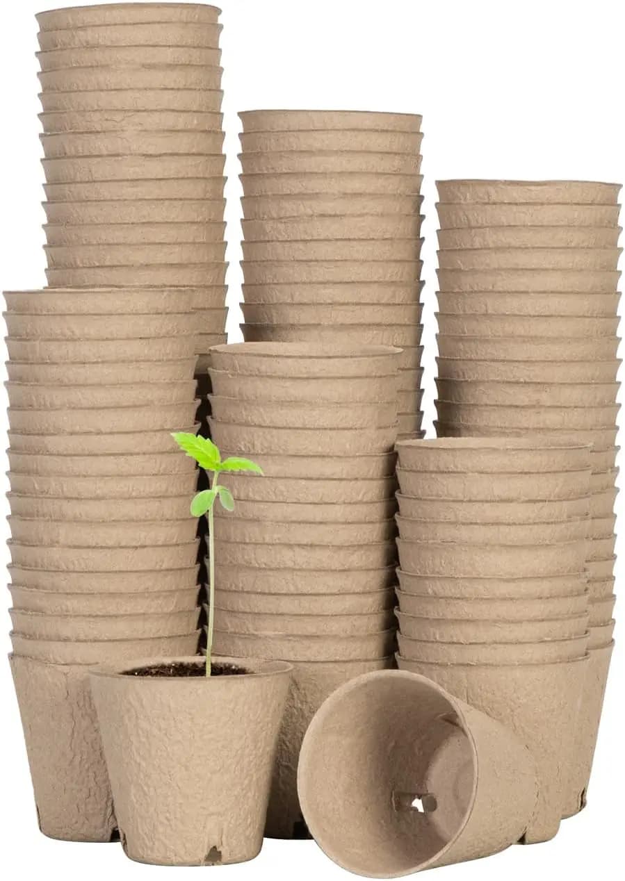 Peat vases, 120 packs of 3.15 inch jars for seed germination with drainage holes, round nursery vase, 20 labels for plants for flowers, P