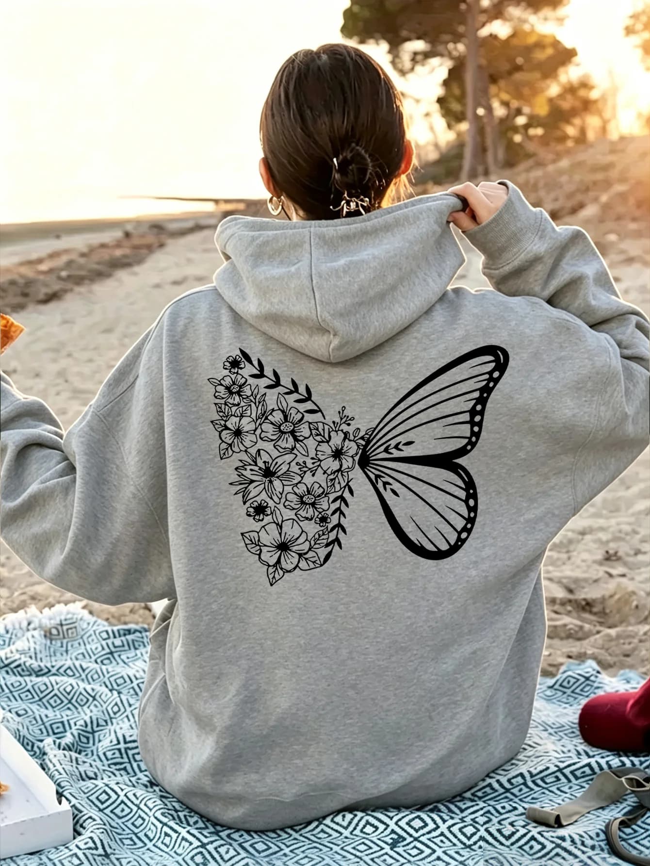 Y2K Women Oversized Hoodie Floral Butterfly Back Print Pullover Sweatshirt Casual Streetwear Ladies Hooded Tops