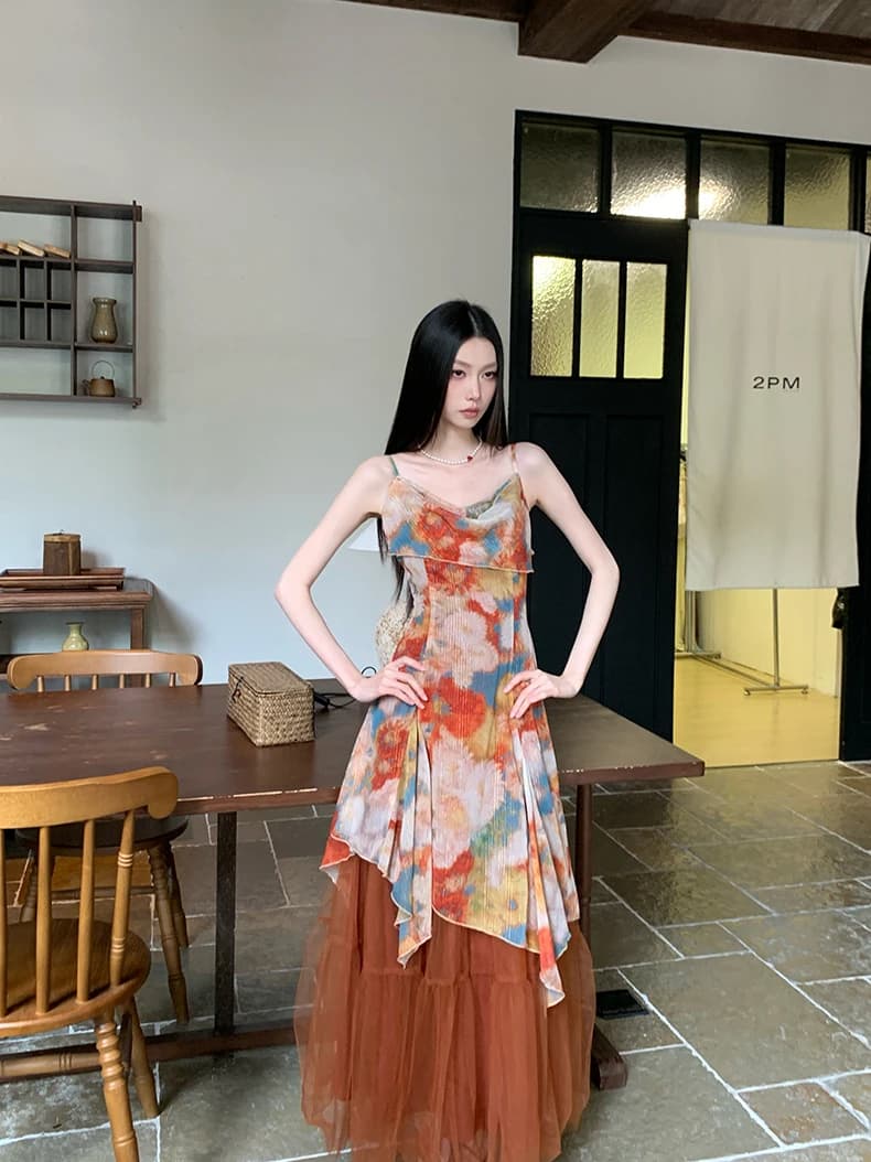 Long Midi Dress Sleeveless Halter Neck Print Tulle Skirt Maxi Dress Bright Floral Gradient Print Design Sensation Wrap Dress