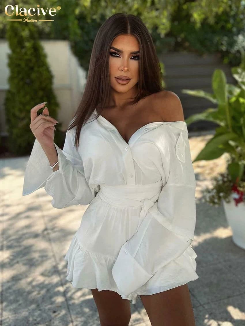 Clacive Set of 2 pieces white loose casual women's dress 2024 Fashion long sleeve shirt with high waist pleated miniskirt