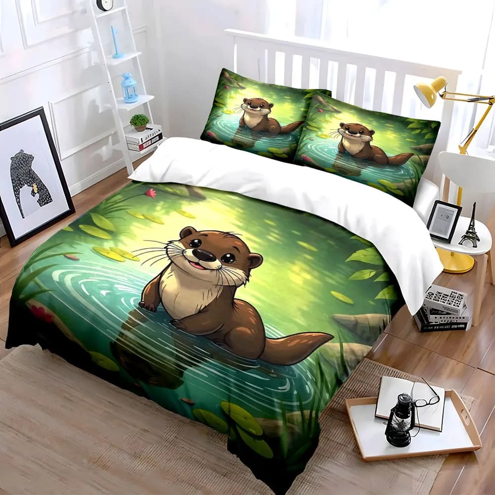 Set di biancheria da letto con decorazioni naturali a forma di lontre, con 1 copripiumino e 2 federe, singolo, matrimoniale, king, queen, idea regalo