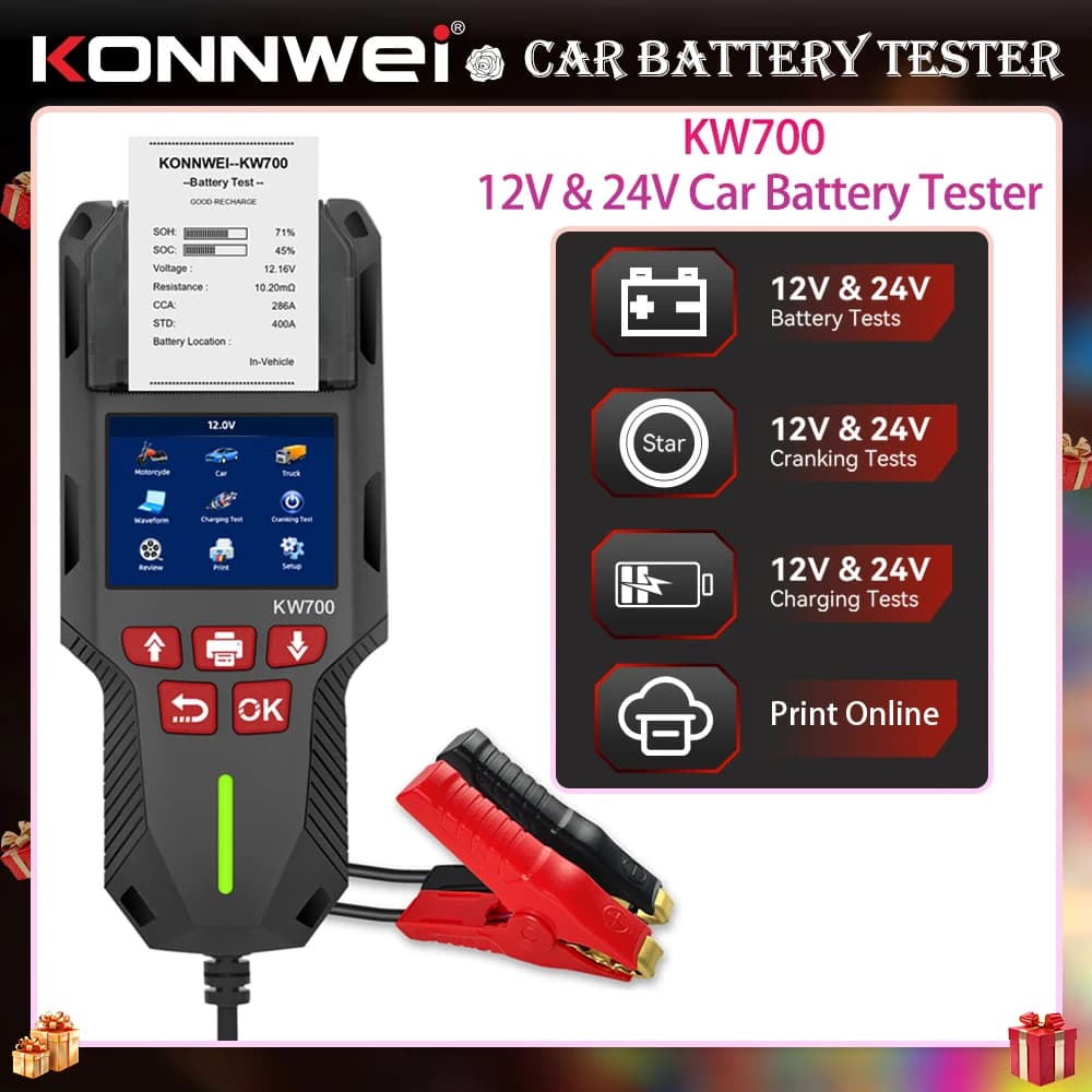 KONNWEI KW700 12V 24V Tester batteria per auto e camion con funzione di stampa Analizzatore batteria Test di avviamento Test di carica 10-2000CCA