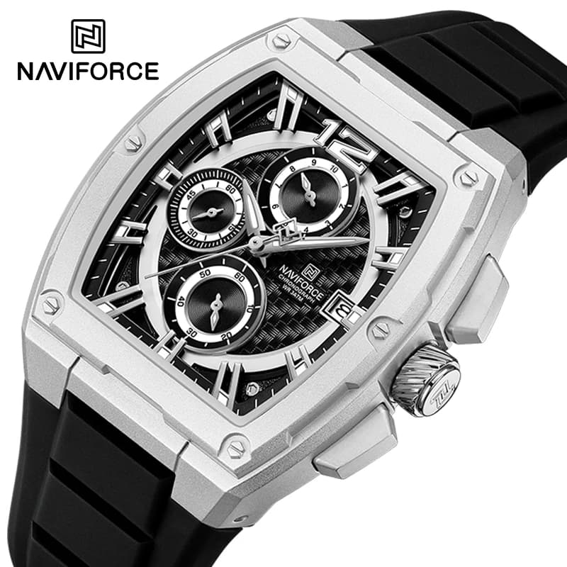 NAVIFORCE men's wristwatch calendar military quartz chronograph dial barrel shape men's watch silicone watch waterproof