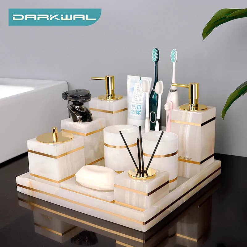 Set di accessori per il bagno in marmo naturale con onice bianco Set di accessori per il bagno portasapone di lusso in oro con portaspazzolino