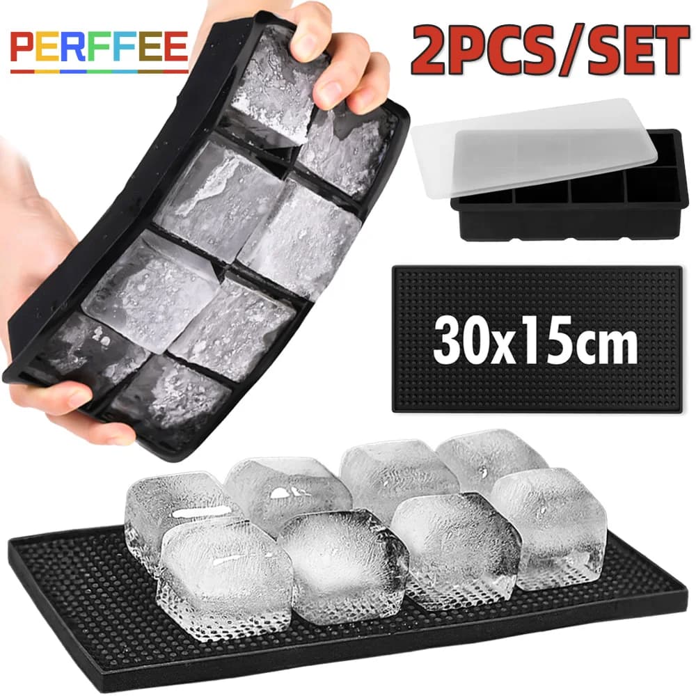 Vassoio per cubetti di ghiaccio Stampo per cubetti di ghiaccio in silicone grande a 8 griglie con coperchio Tappetino per barra in gomma Tappetino per asciugatura Accessori da cucina per cocktail a prova di fuoriuscite