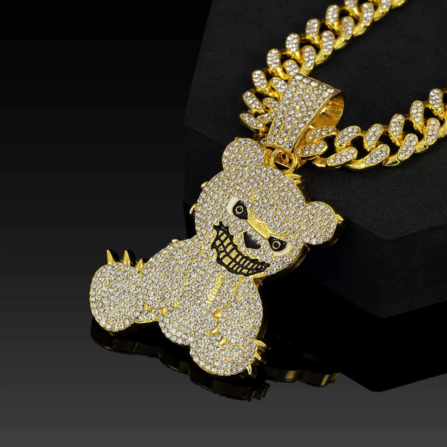 Collana Hip Hop Cub – Ciondolo Orso Sorridente con Catena di Cristalli Colorati, Gioielli Hip Hop per Uomo Donna Oro Argento