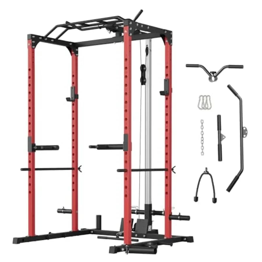 Multifunctional Power Cage for Home Gym with LAT Pulldown and Traction Bar, Black Steel Frame 1600LBS