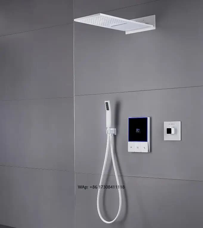 Set of rainwater shower systems for bathroom with LED display at modern white digital temperature