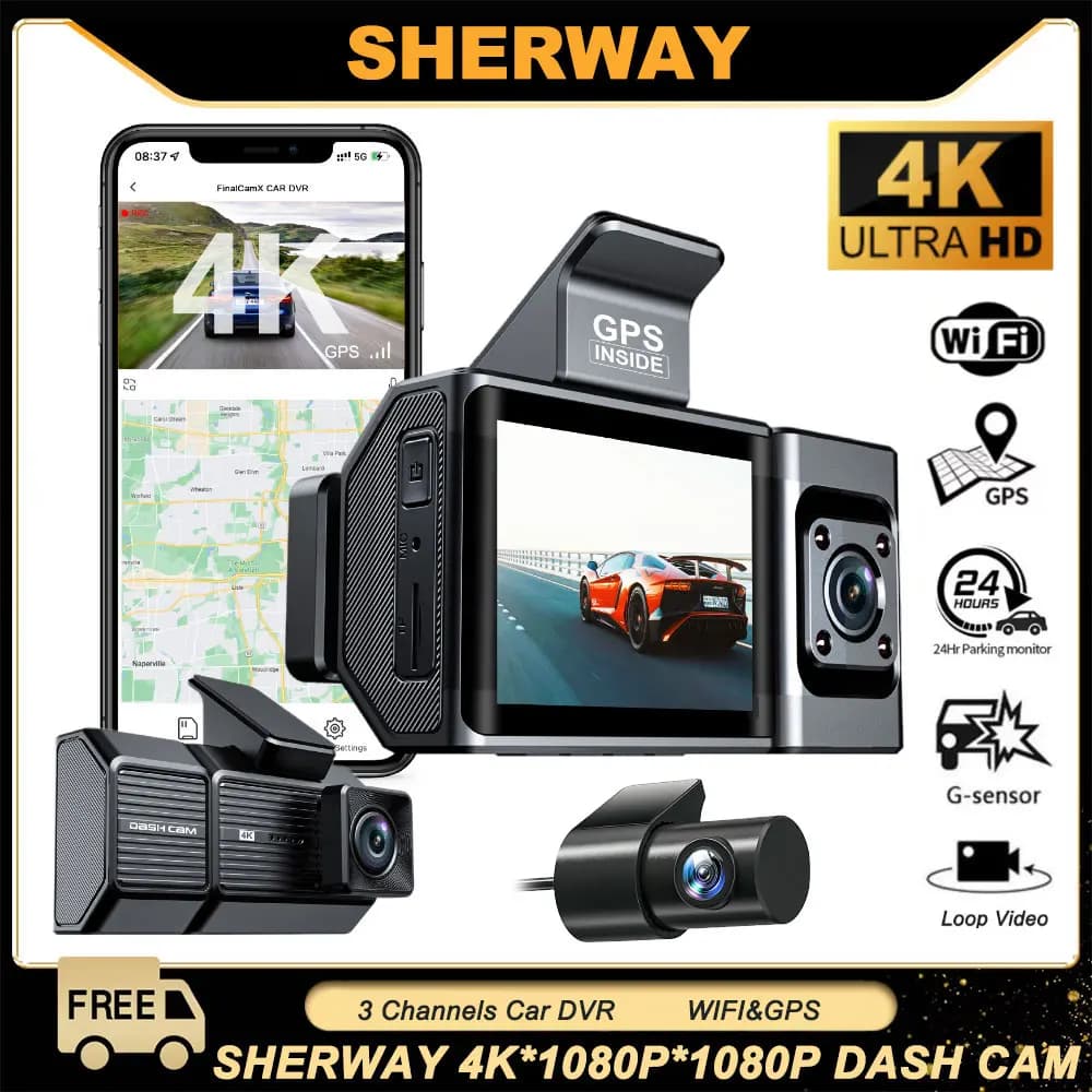 Dash Cam 4K UHD 3 canali DVR per auto Registrazione Telecamera per auto DVR Videoregistratore per visione notturna Supporto Wi-Fi integrato Dashcam GPS a 3 obiettivi