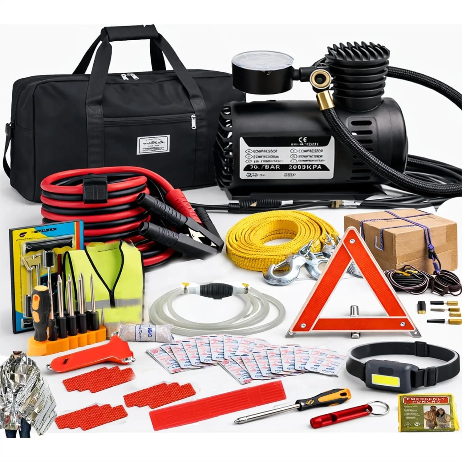 Kit di Emergenza Stradale per Auto con Cavi di Avviamento, Compressore d'Aria, Torcia, Cinghie di Traino, Martello di Sicurezza per Veicoli