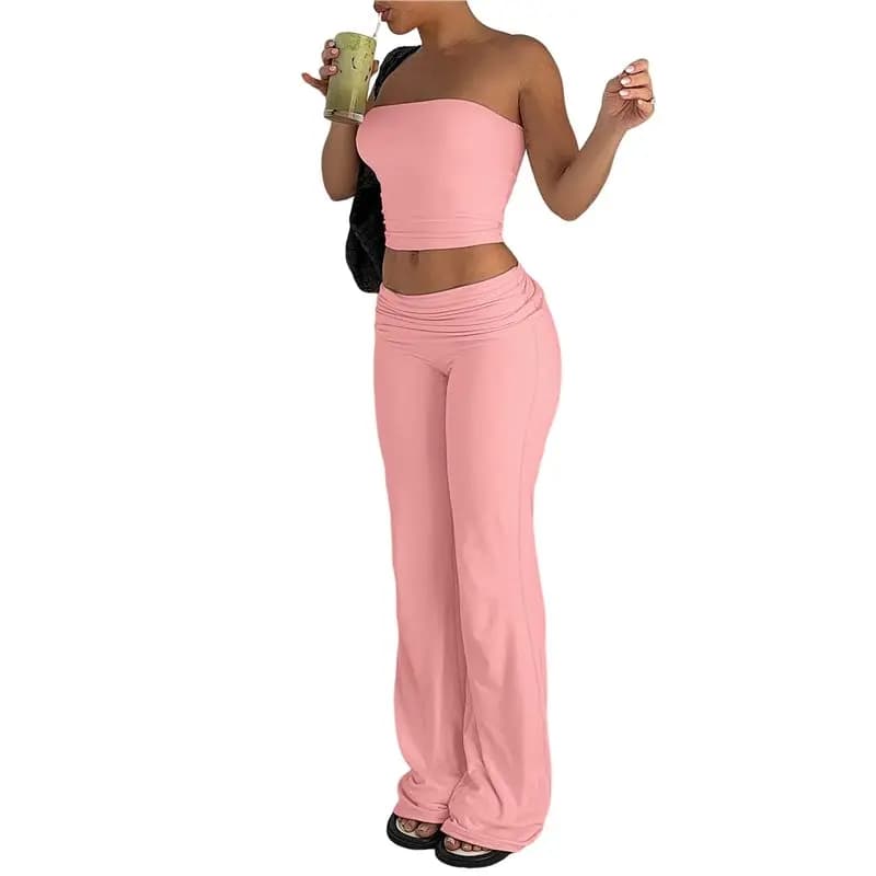 CYL-Women's 2 Piece Sets Summer Strapless Crop Tube Tops Flare Leggings Pants Matching Outfit Sets