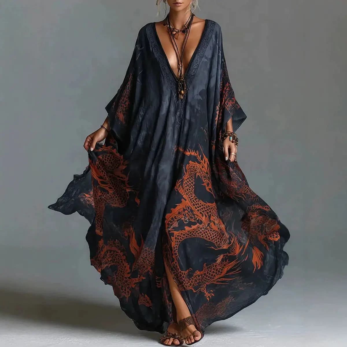 Summer Elegant Fashion V-neck Vintage Printing Robe Ladies Loose Casual Batwing Sleeve Vestido Women Comfortable Cover Up Dress
