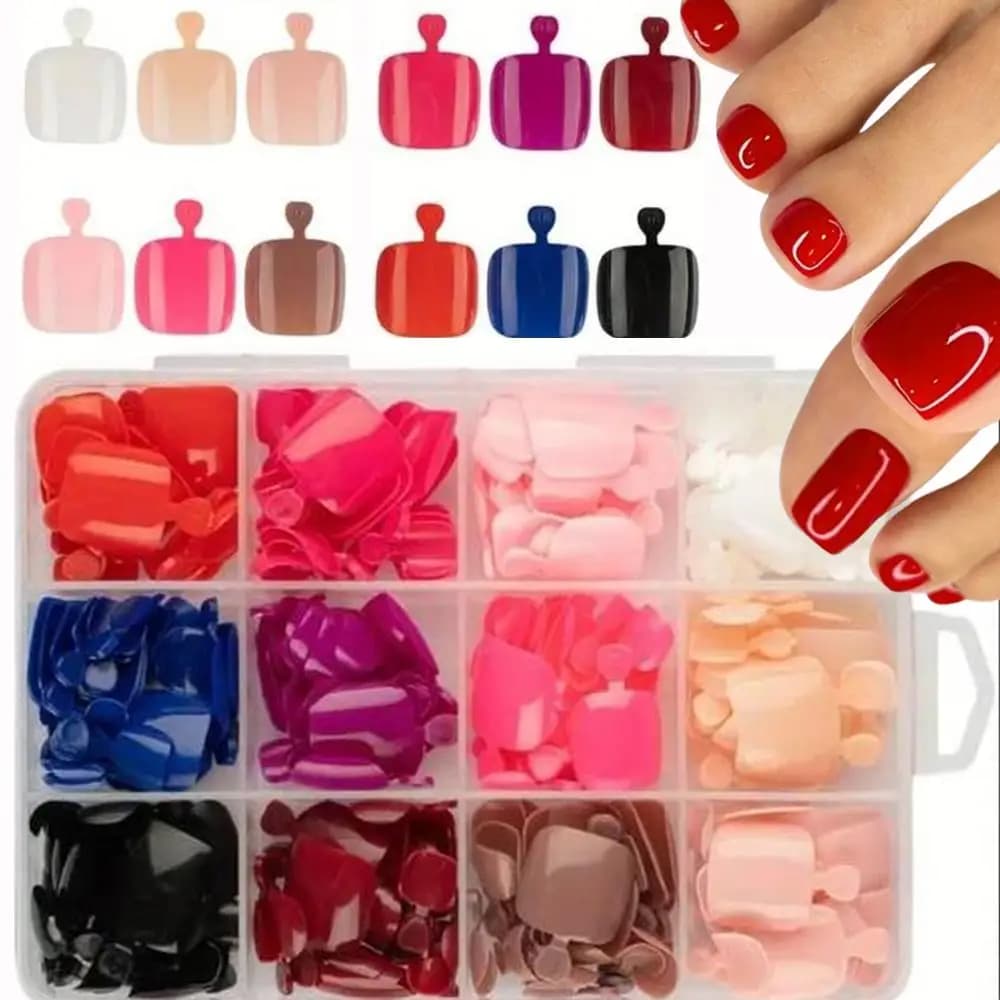 96/288 Pieces Solid Color Print On Toe Nails Short Square Full Cover Foot Nails Detachable Faux Nail Tips Manicure T