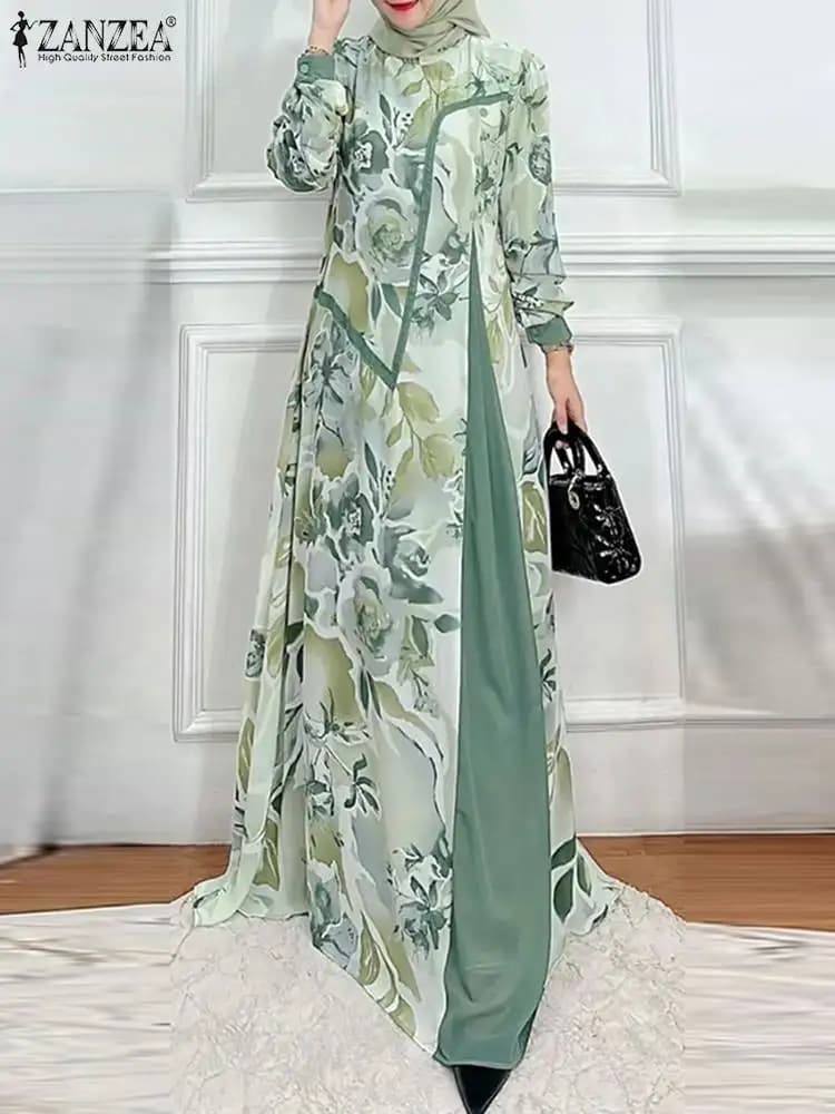2025 ZANZEA Moda Donna Autunno Manica lunga Stampato floreale Abaya musulmano Robe Bohemain Maxi abiti Elegante Patchowork Abiti