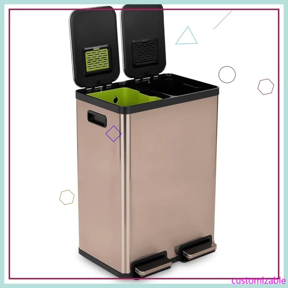 Cestino per Rifiuti a Doppio Scomparto da 60L con Coperchio a Chiusura Morbida, Bidone per Riciclaggio da Cucina in Acciaio Inox Oro Rosa