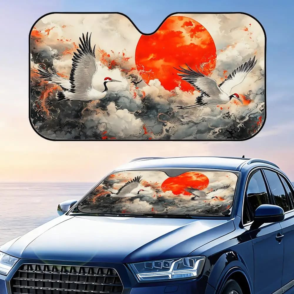 Parasole per auto in lamina di alluminio riutilizzabile con motivo Gru Giapponesi, protezione UV e isolamento termico per parabrezza