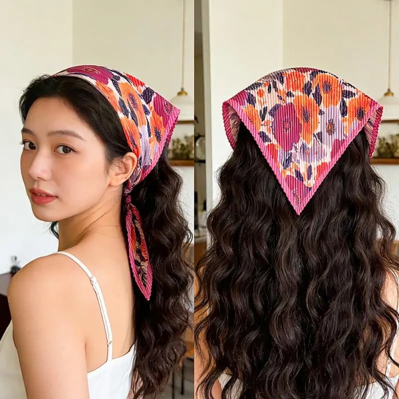 New Rhombus Pleated Women's Silk Flower Printing Scarf Retro Neck Scarf Decorative Bandana Fashionable Accessory