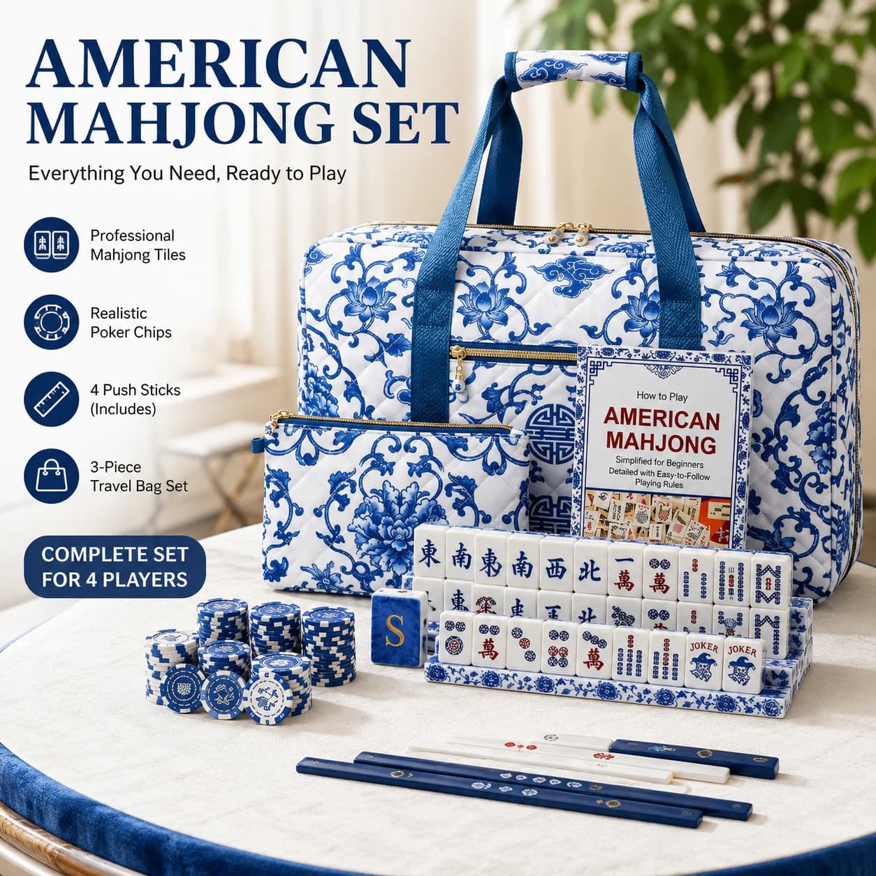 American Mahjong Set with Travel Storage Bag, Acrylic Mahjong Tiles, Pushers, Chips and Complete Playing Accessories
