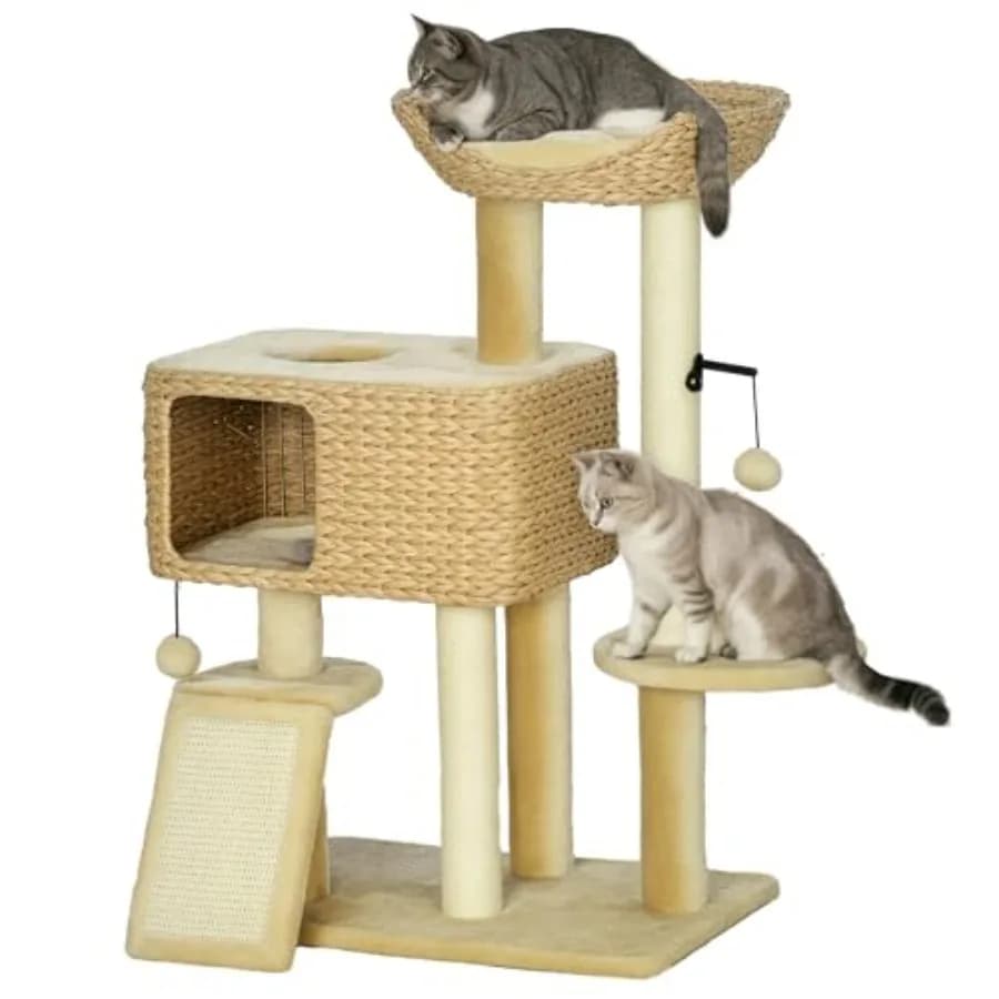 Albero per Gatti da Interno 38 Pezzi con Tiragraffi, Rampa, Cuccia, Palline Giocattolo, Piattaforma e Letto Beige