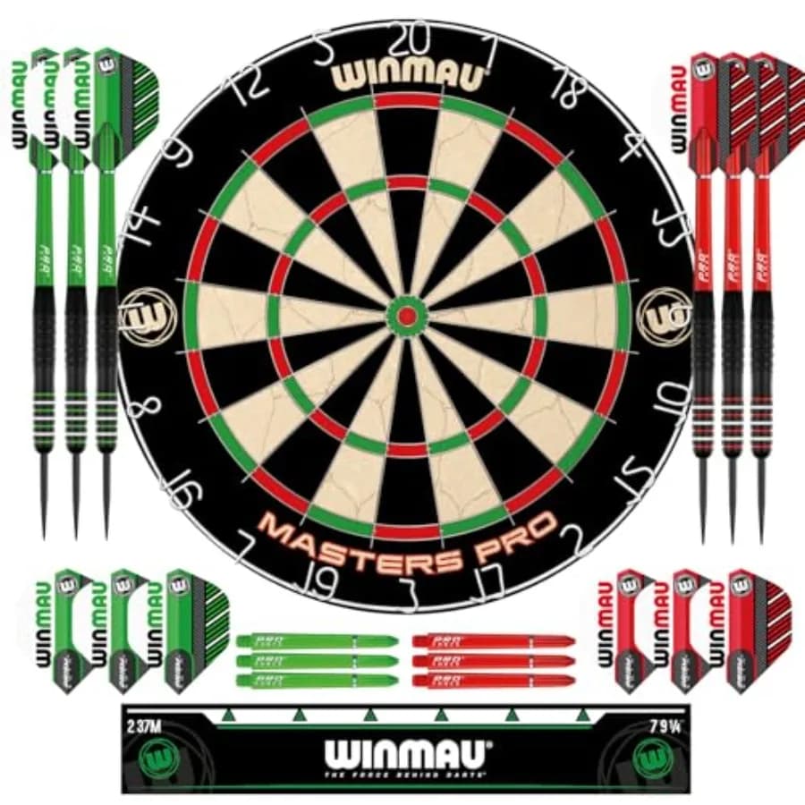Set di Freccette Professionali Masters Pro Premium Bristle - Include Bersaglio, Freccette, Alette, Aste e Striscia Oche - Freccette Professionali con Punta in Acciaio