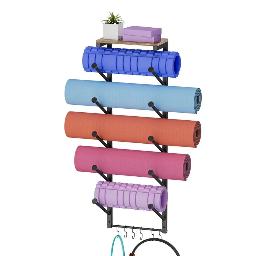 Yoga Carpet holder with 6 Hooks for Hanging Accessories, Yoga Belts, Foam Rollers, Resistance Bands, Yoga Mats