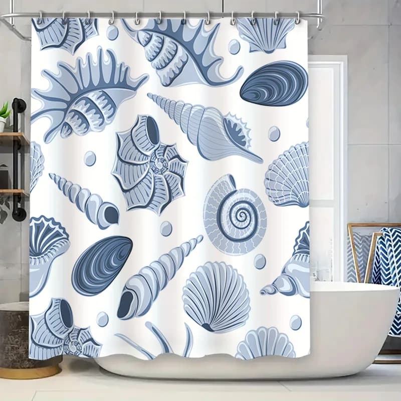 Tenda da doccia con conchiglia, arredamento moderno blu marino per bagno, tessuto bianco blu scuro con anelli a gancio