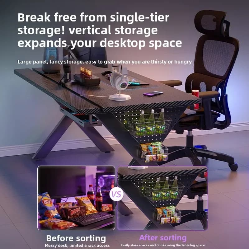 Scrivania per Computer Robusta in Legno Massello a Due Sezioni con Fori, Tavolo da Gaming E-sports con Motivo in Fibra di Carbonio, Produzione di Fabbrica