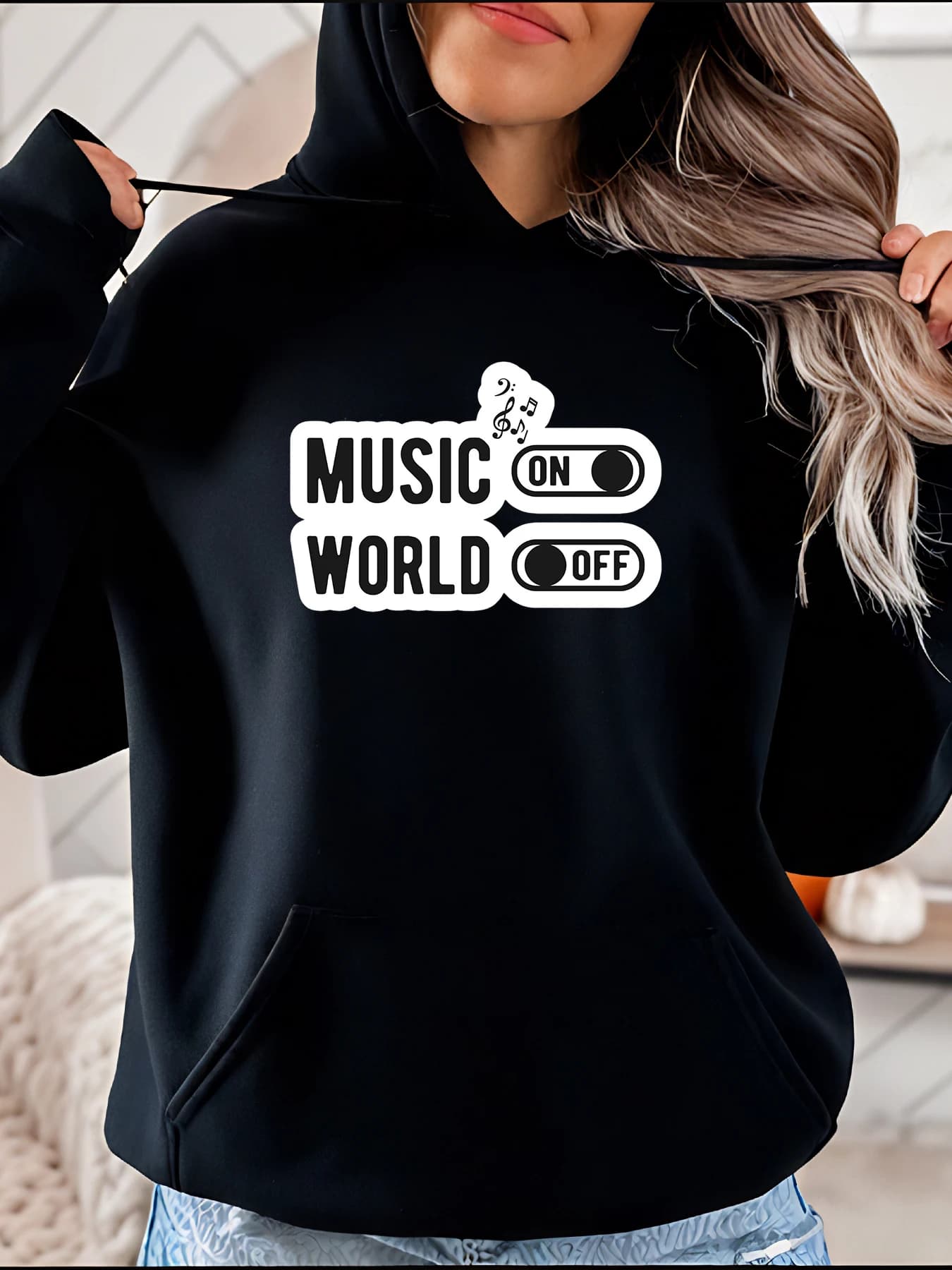 Felpa con cappuccio con stampa Music World On Off Switch Felpa streetwear casual unisex per donna uomo 280