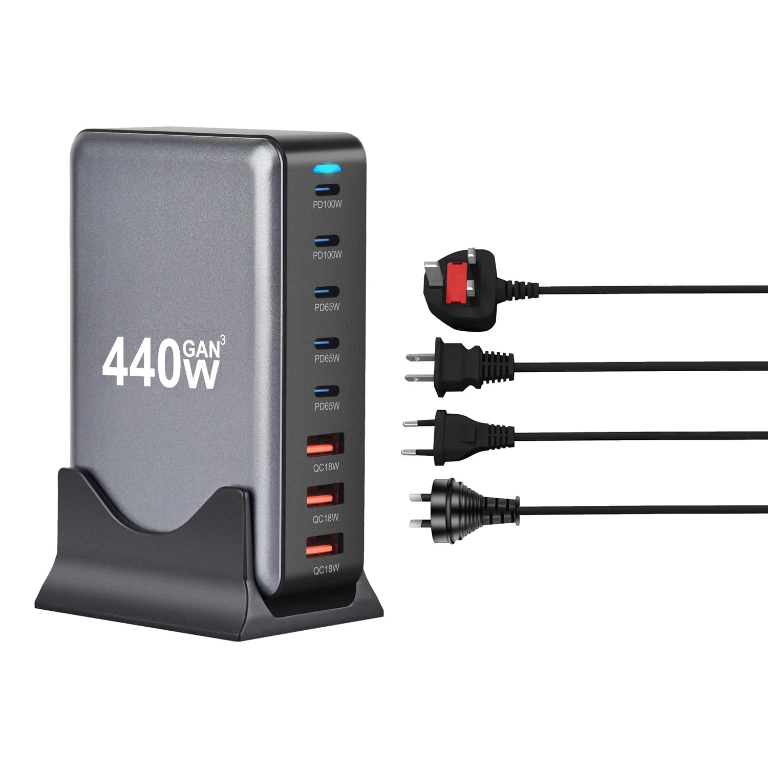 Caricatore PD GaN da 440 W Stazione di ricarica USB C da 100 W Caricatore rapido Mutli da tavolo Adattatore di alimentazione per laptop per iPhone Samsung Huawei Tablet