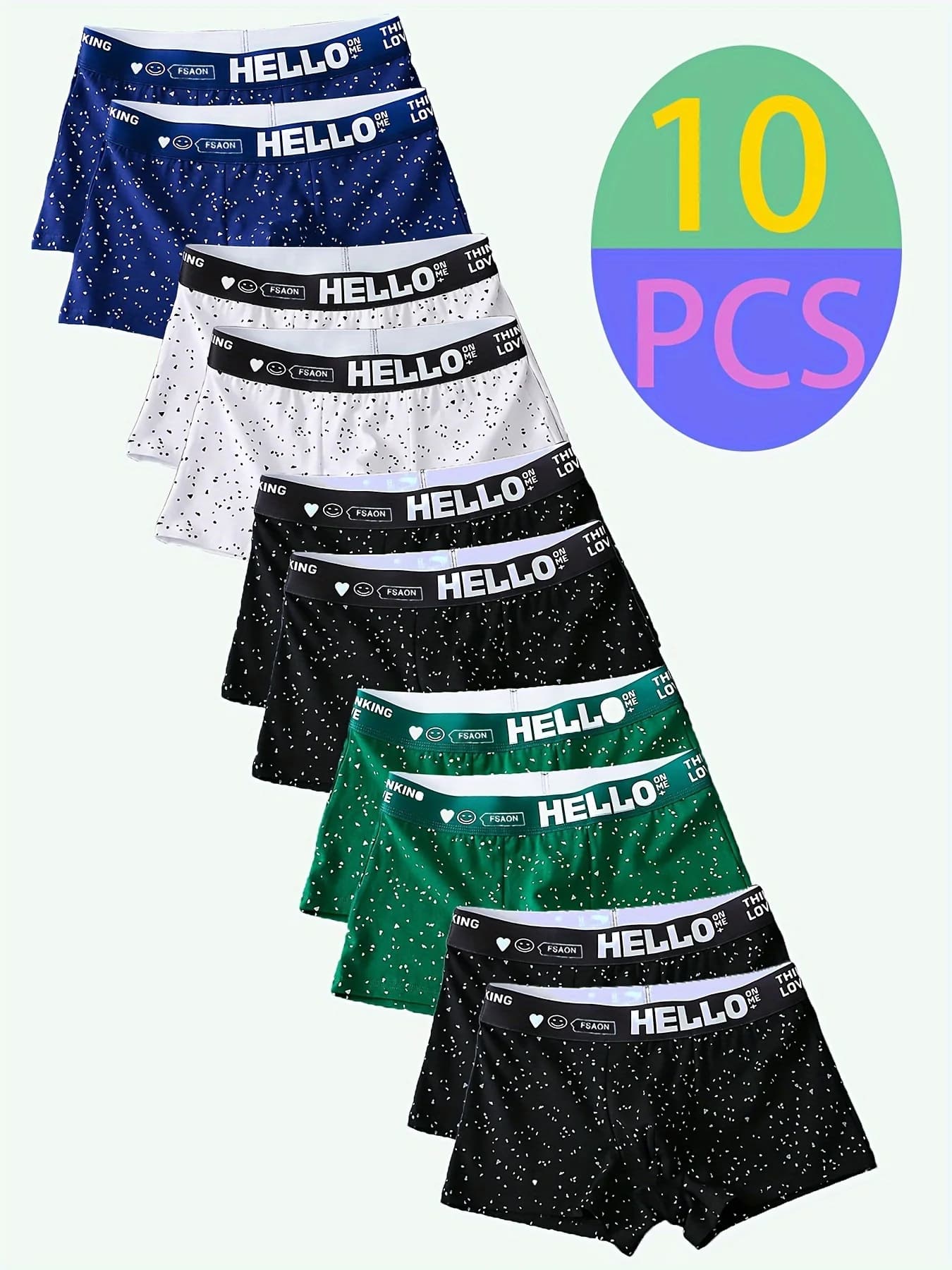 Confezione da 10 boxer da uomo in seta di latte - Cintura “HELLO”, 10 pezzi, design a pois