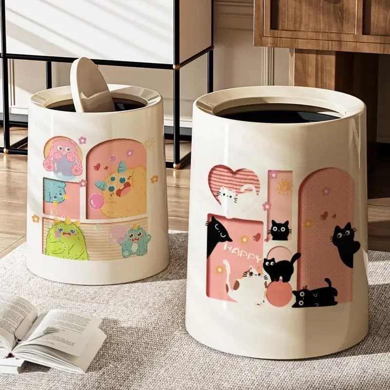 Round Wastebasket Modern Design with Lid Food Waste Trash Bin Bathroom Cream Color Kitchen Trash Can Household Cleaning Tools
