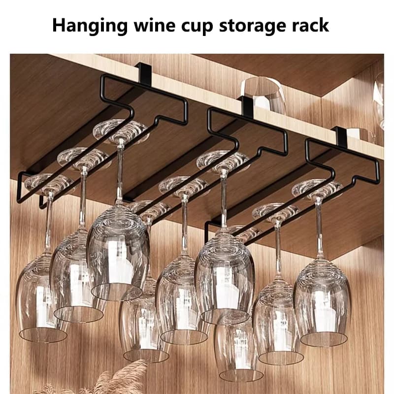 Red wine glass holder - hangs upside down without drilling holes for hanging tall glass shelves for storage and organization