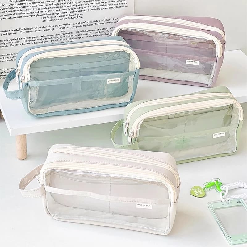 Astuccio per matite trasparente a doppio strato portatile Astuccio per penne che colpisce la custodia quadrata colorata per la scuola di cancelleria F7473